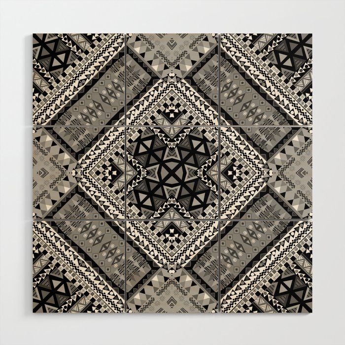 Black and white ethnic patchwork design Wood Wall Art