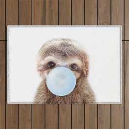 Baby Sloth Blowing Blue Bubble Gum, Kids, Baby Boy, Baby Animals Art Print by Synplus Outdoor Rug