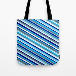 [ Thumbnail: Vibrant Dim Gray, Sky Blue, Light Cyan, Blue & Deep Sky Blue Colored Lined/Striped Pattern Tote Bag ]