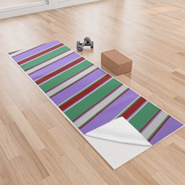 [ Thumbnail: Purple, Dark Red, Sea Green, and Light Grey Colored Lines Pattern Yoga Towel ]