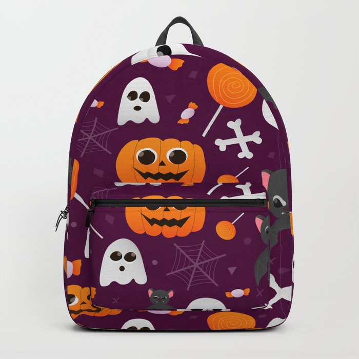 Halloween Cute Seamless Pattern with Pumpkins, Ghosts, Bats, Skulls and Sweets Backpack