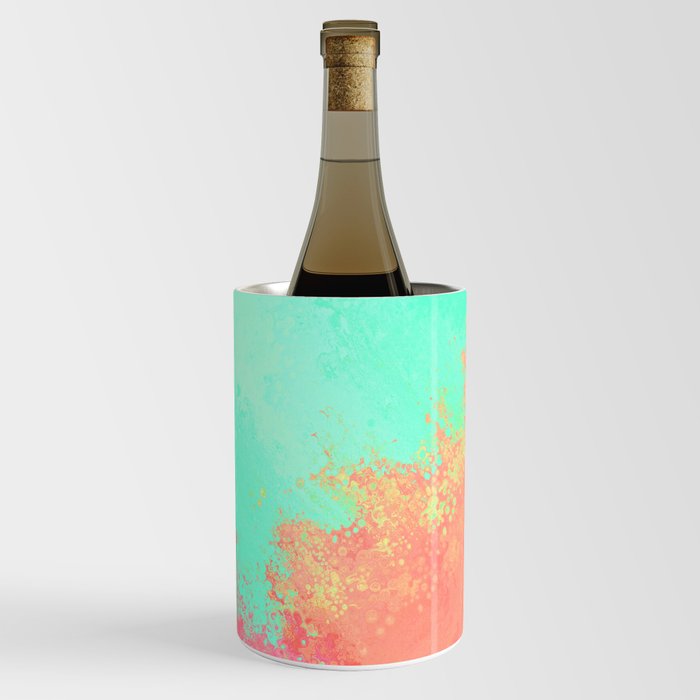 Hand Painted Pink Teal Coral Watercolor Abstract Colorblock Wine Chiller