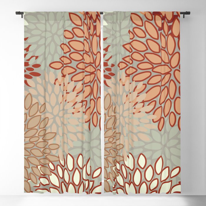 Festive, Floral Prints, Green, Terracotta, Red, Coloured Prints Blackout Curtain
