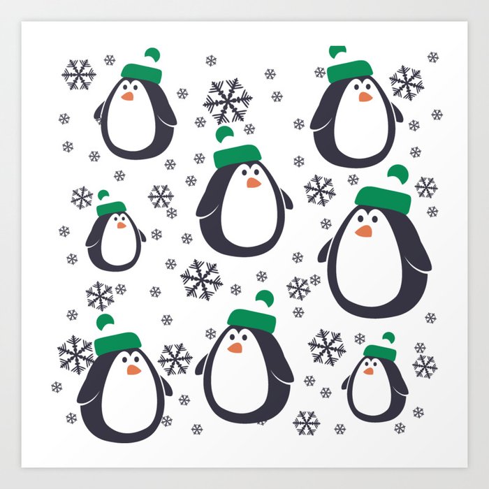 Penguins and Snowflakes Christmas Pattern Art Print