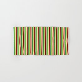 [ Thumbnail: Vibrant Beige, Green, Sea Green, Tan & Dark Red Colored Striped/Lined Pattern Hand & Bath Towel ]