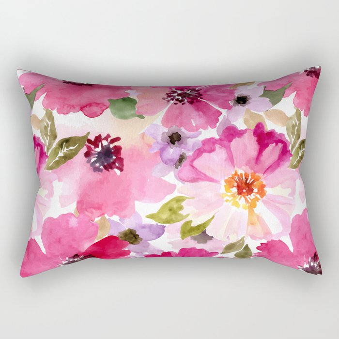 Watercolor Flowers Pink Fuchsia Rectangular Pillow