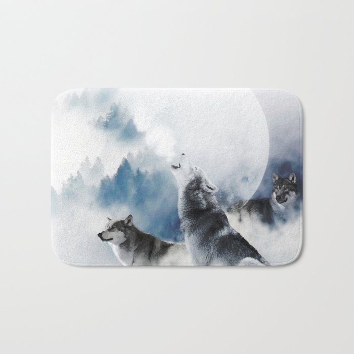 Winter Wolves, Wildlife Wolf Wild Dogs, Snow Full Moon Animals Photography Love Digital Art Bath Mat
