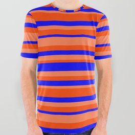 [ Thumbnail: Blue, Coral & Red Colored Striped Pattern All Over Graphic Tee ]
