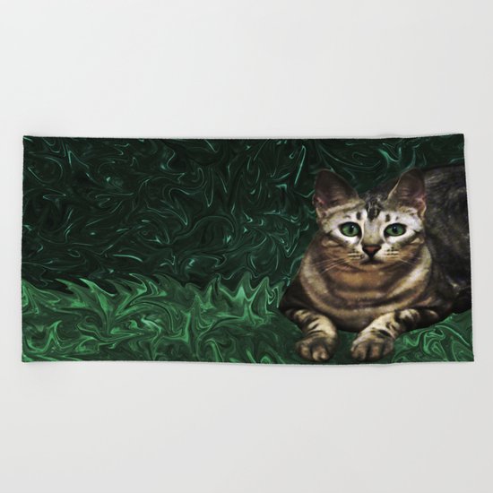 Green Grass Cat Eyes of a Marble Lepre-cat Beach Towel