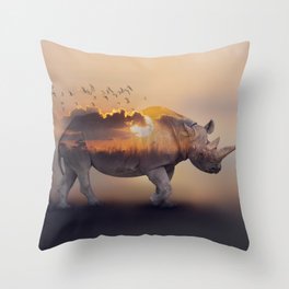 Double Exposure Effect of Rhinoceros at Sunset Throw Pillow