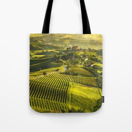 Panorama of Langhe vineyards and Grinzane Cavour. Italy Tote Bag