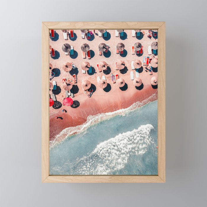 People On Beach, Aerial Drone Photography, Aerial Pink Beach Sea, Ocean Wall Art Print, Summer Sea Vibes Art Print Framed Mini Art Print