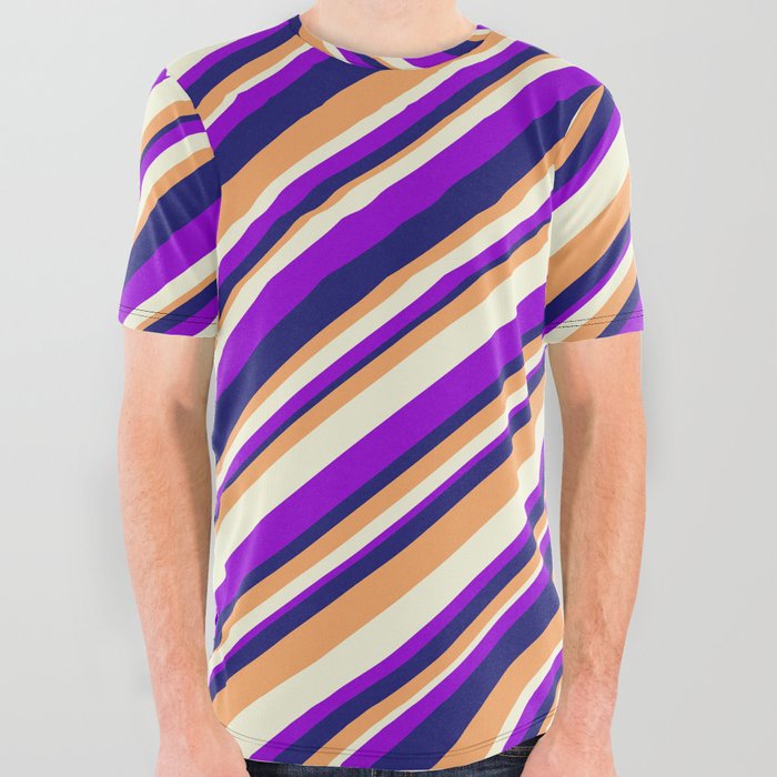 Dark Violet, Midnight Blue, Brown, and Beige Colored Striped Pattern All Over Graphic Tee