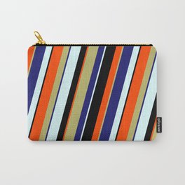 [ Thumbnail: Colorful Dark Khaki, Midnight Blue, Light Cyan, Black & Red Colored Lined/Striped Pattern Carry-All Pouch ]