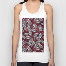 Holly berry, gray leaves on dark red Unisex Tank Top