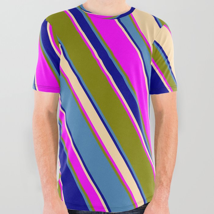 Blue, Dark Blue, Tan, Fuchsia, and Green Colored Stripes/Lines Pattern All Over Graphic Tee