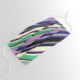[ Thumbnail: Sea Green, Orchid, Midnight Blue, Black, and Light Yellow Colored Lines/Stripes Pattern Face Mask ]