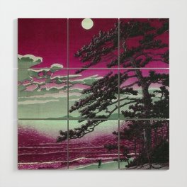 Pink Sunrise Spring Moon at Ninomiya Beach by Hasui Kawase portrait painting art print Wood Wall Art