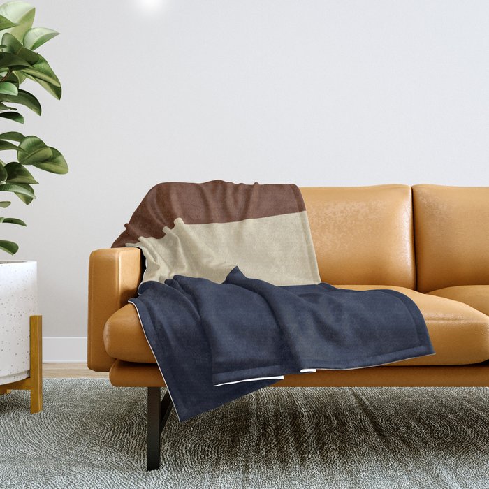 Color Block Triple Minimalist Solid Stripe Pattern in Brown Cream Beige and Dark Navy Blue Throw Blanket