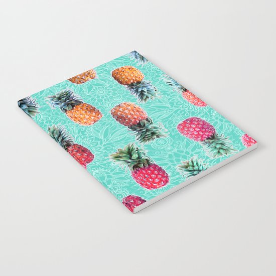 From Pineapple to Pink - tropical doodle pattern on mint Notebook