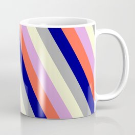 [ Thumbnail: Colorful Plum, Red, Blue, Dark Grey & Light Yellow Colored Lines/Stripes Pattern Coffee Mug ]