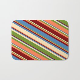 [ Thumbnail: Blue, Beige, Green, Coral, and Maroon Colored Lined Pattern Bath Mat ]