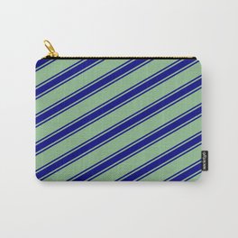 [ Thumbnail: Dark Sea Green and Blue Colored Lined/Striped Pattern Carry-All Pouch ]
