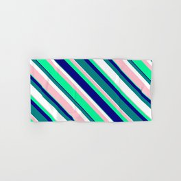 [ Thumbnail: Vibrant Pink, Green, Blue, Teal, and White Colored Striped/Lined Pattern Hand & Bath Towel ]