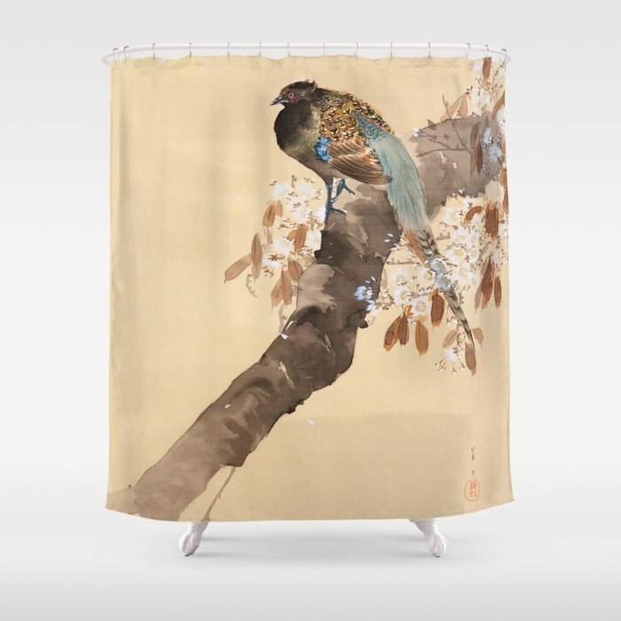 Pheasant On The Cherry Tree - Japanese Vintage Woodblock Print Shower Curtain