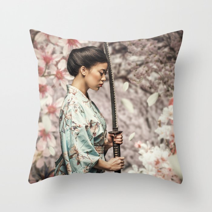 Samurai Sakura Throw Pillow