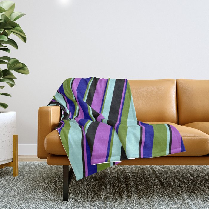 Eyecatching Orchid, Dark Blue, Green, Turquoise, and Black Colored Stripes/Lines Pattern Throw Blanket