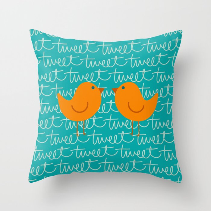 Conversation - Tweeting Birds Orange Aqua Turquoise Throw Pillow