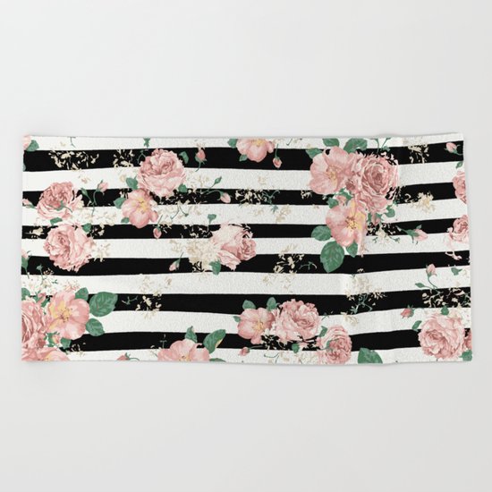 VINTAGE FLORAL ROSES BLACK AND WHITE STRIPES Beach Towel