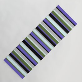 [ Thumbnail: Eyecatching Slate Blue, Dark Olive Green, Light Cyan, Grey & Black Colored Lines/Stripes Pattern Yoga Mat ]