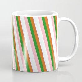 [ Thumbnail: Orchid, Chocolate, Forest Green, Light Pink & Mint Cream Colored Striped/Lined Pattern Coffee Mug ]