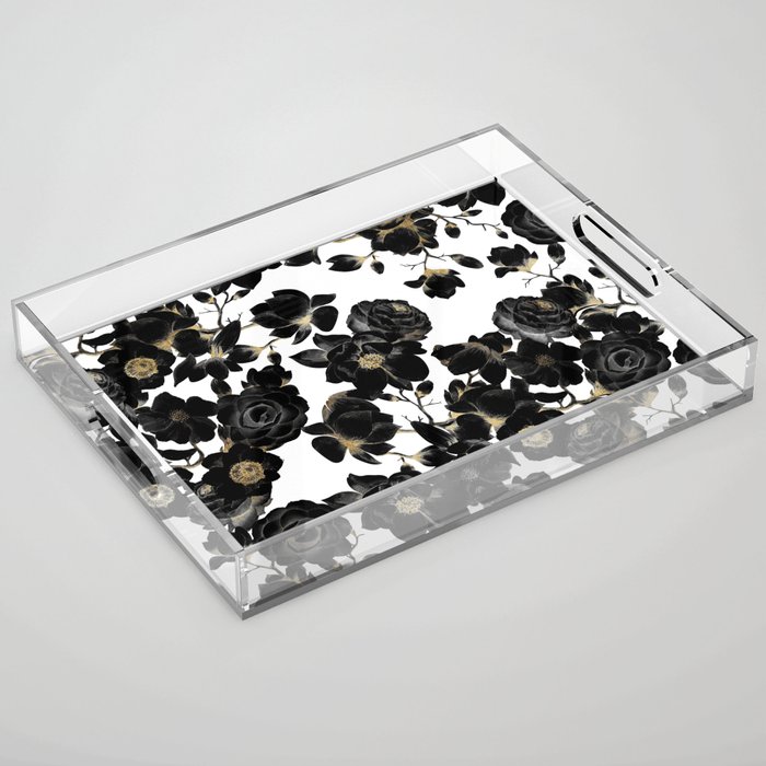 Modern Elegant Black White and Gold Floral Pattern Acrylic Tray