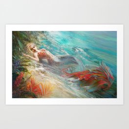 Mermaid sunbathing on the beach fantasy Art Print