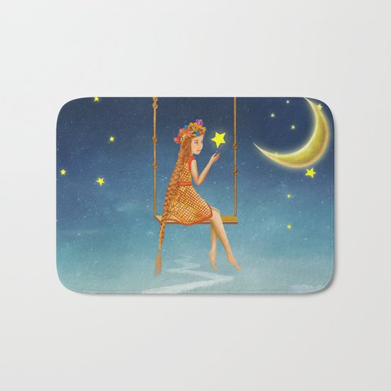 The lovely girl shakes on a swing , illustration art Bath Mat