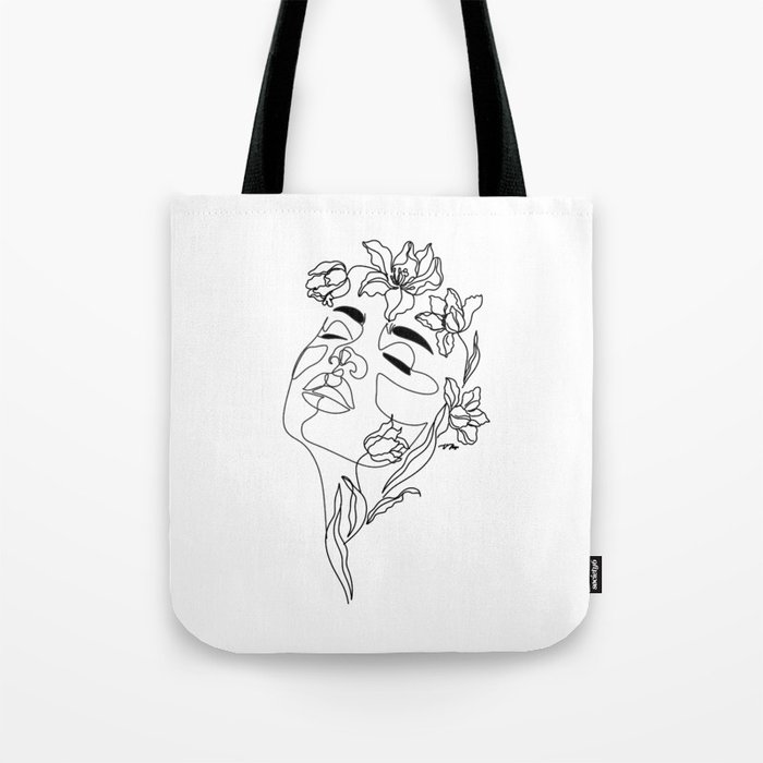Minimal Woman Face line art. Head of Flowers Art Print Flower Woman Line Art Tote Bag