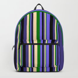 [ Thumbnail: Eyecatching Medium Slate Blue, Green, Beige, Dark Slate Blue, and Black Colored Stripes Pattern Backpack ]