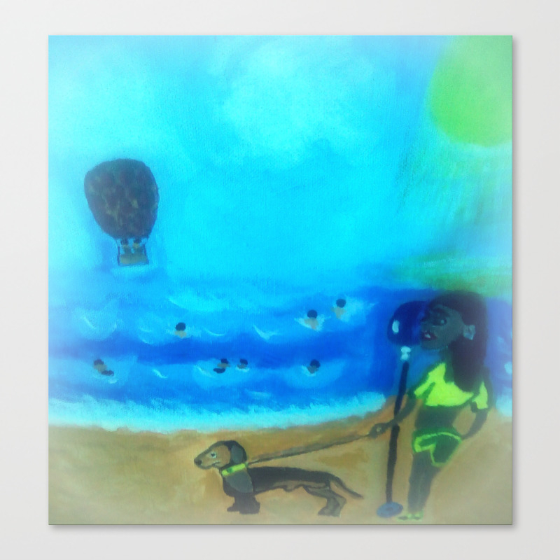 Dog And Girl Looking Through Binoculars At The Beach Canvas Print