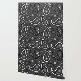 Black and White Paisley Pattern on Dark Grey Background Wallpaper