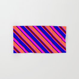 [ Thumbnail: Red, Fuchsia, Blue & Maroon Colored Stripes/Lines Pattern Hand & Bath Towel ]