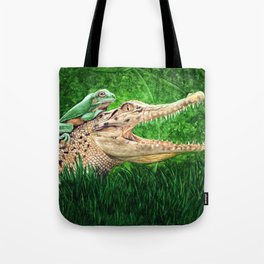 Crocodile Wearing a Frog as a Hat Tote Bag