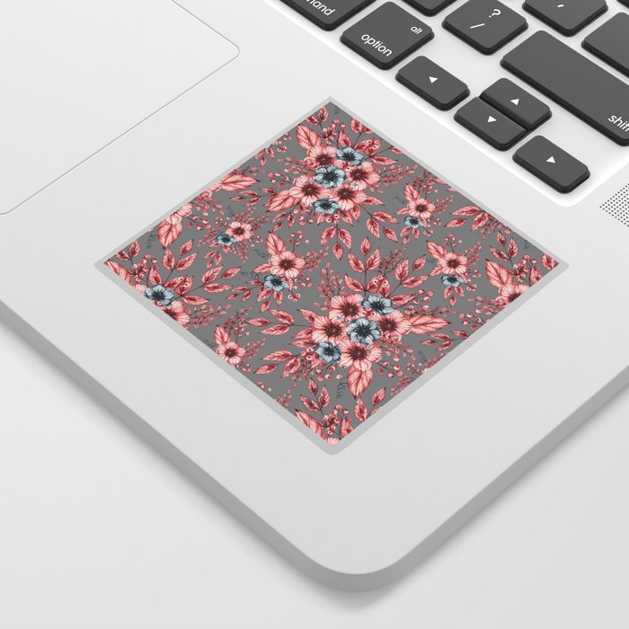 Monochrome anemone flowers and butterflies on a gray background - floral print Sticker