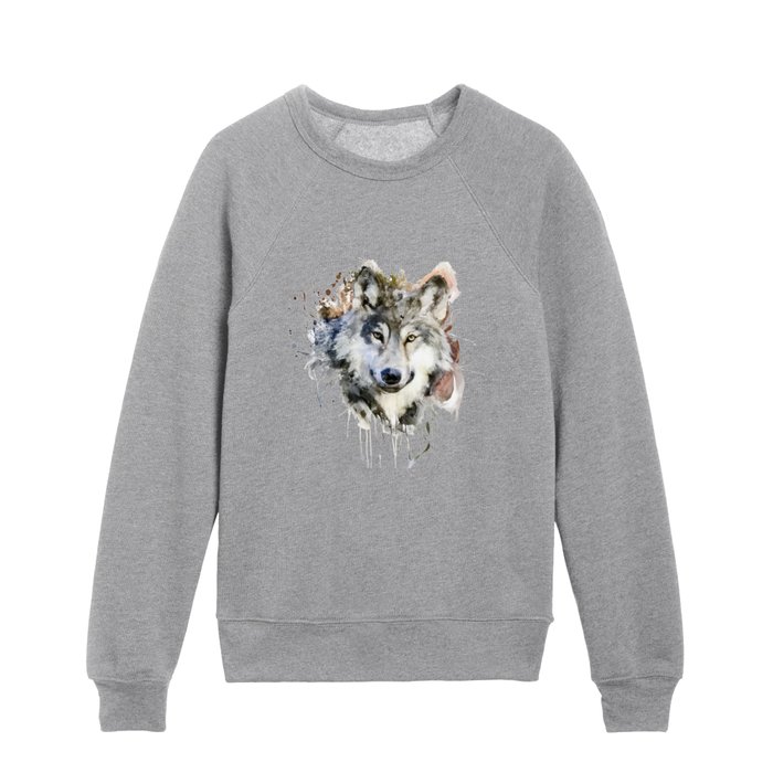 Wolf Watercolor Portrait Kids Crewneck