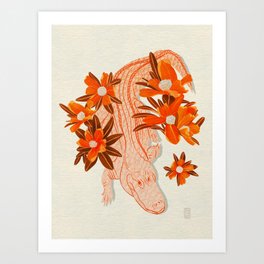Alligator and Camellias Art Print