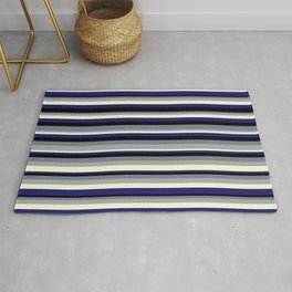 [ Thumbnail: Colorful Slate Gray, Dark Gray, Light Yellow, Midnight Blue, and Black Colored Lined/Striped Pattern Rug ]