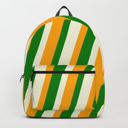 [ Thumbnail: Beige, Orange & Green Colored Lined/Striped Pattern Backpack ]