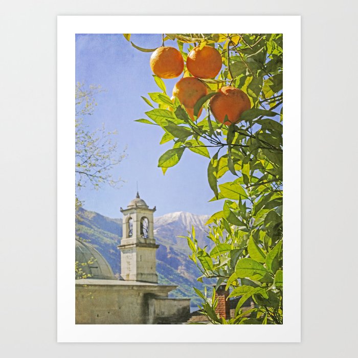 Oranges, Blue Sky, and Mountains in Northern Italy Art Print